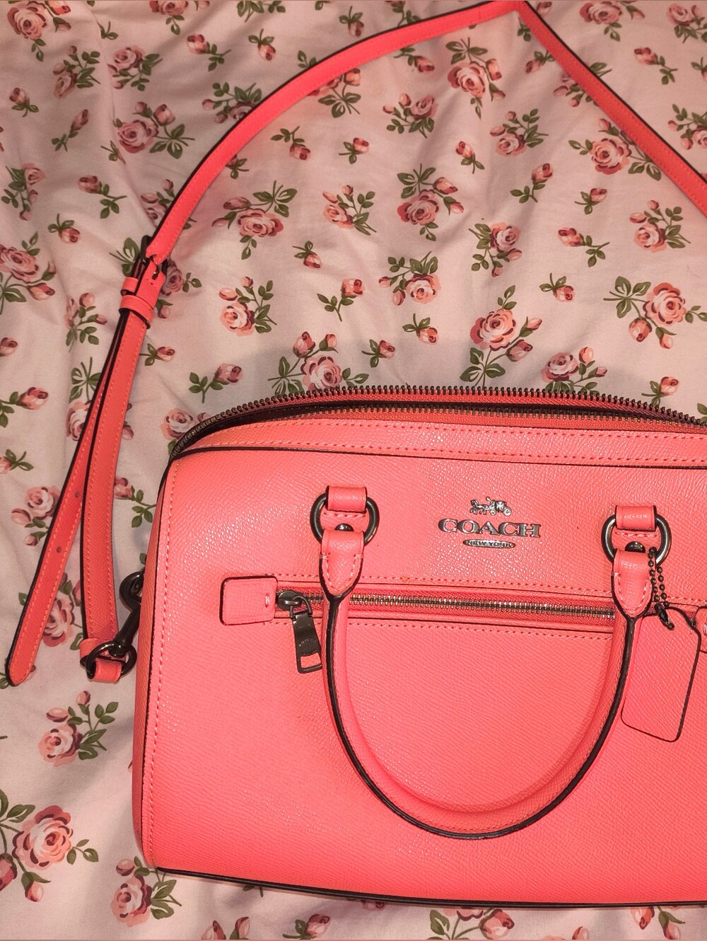 Coach Coral Pink Pebbled Leather Crossbody Satchel
